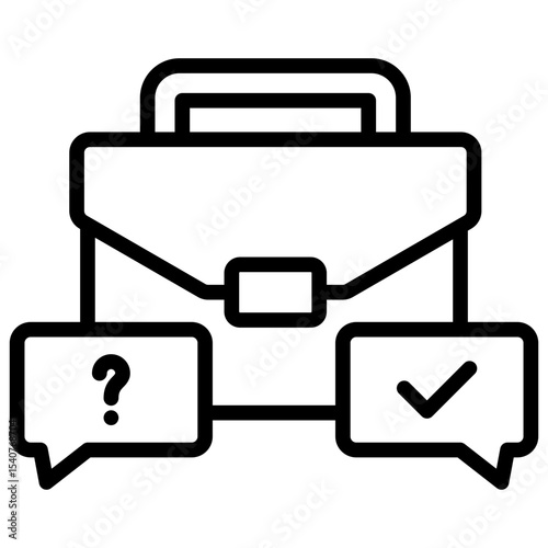 Decision Briefcase Outline Style Icon - Briefcase with chat bubbles containing question and check mark, symbolizing decisions or task approval