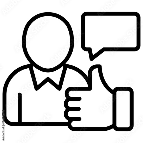 Feedback Approval Outline Style Icon - Person with thumbs up and chat bubble, symbolizing positive feedback and communication