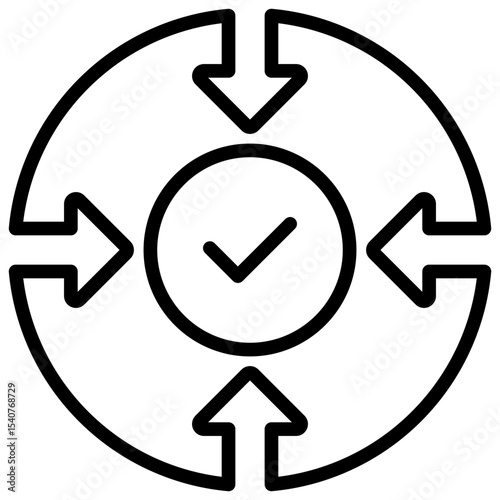 Goal Alignment Outline Style Icon - A central checkmark surrounded by arrows, representing unified focus or aligned objectives