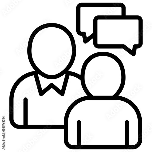 Group Talk Outline Style Icon - Three people communicating with speech bubbles above, representing collaborative discussion or shared opinions