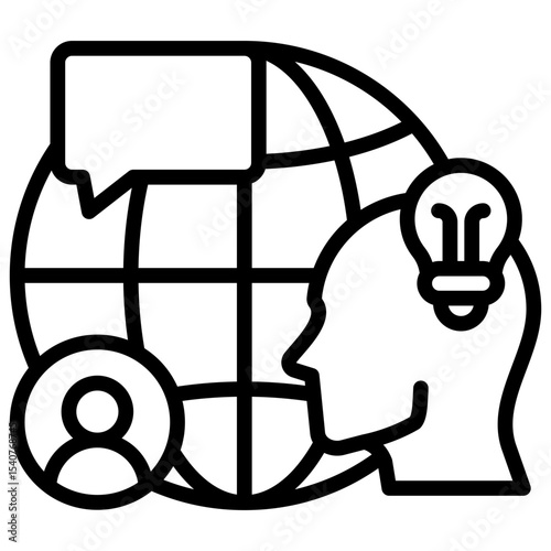 Global Insight Outline Style Icon - A globe with a user and a head with lightbulb, representing worldwide ideas and innovation