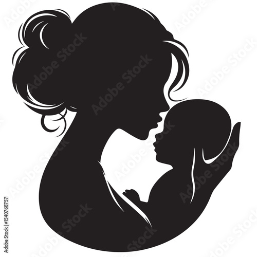 Minimalist Silhouette of a Mother Hugging Her Baby in Circle FrameA heartfelt vector showing a mother warmly hugging her child. Designed in full black silhouette with clean outlines on white backgroun