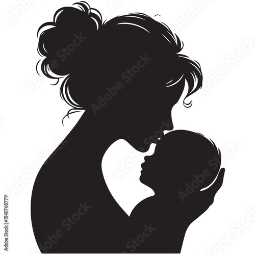 Minimalist Silhouette of a Mother Hugging Her Baby in Circle FrameA heartfelt vector showing a mother warmly hugging her child. Designed in full black silhouette with clean outlines on white backgroun
