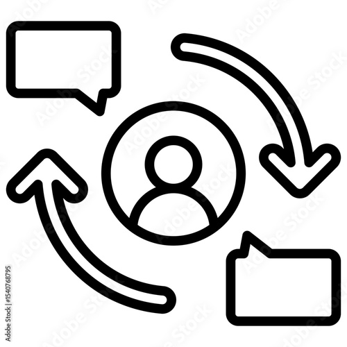 Info Flow Outline Style Icon - Arrows and speech bubbles circling a user, representing data exchange or communication flow