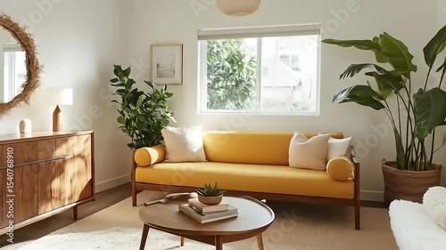 Sunny living room with midcentury modern.