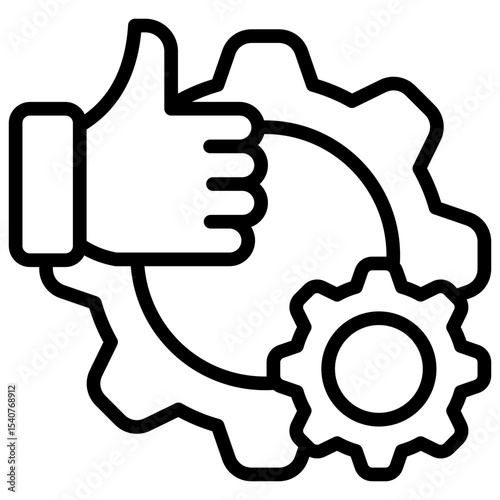 Service Quality Outline Style Icon - Hand giving thumbs up beside cogwheel, symbolizing approval and optimized performance