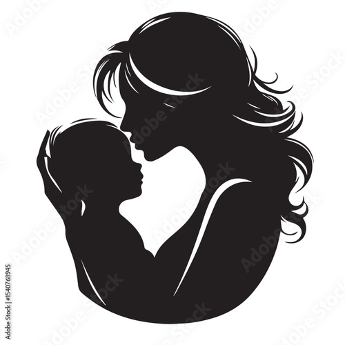 Minimalist Silhouette of a Mother Hugging Her Baby in Circle FrameA heartfelt vector showing a mother warmly hugging her child. Designed in full black silhouette with clean outlines on white backgroun