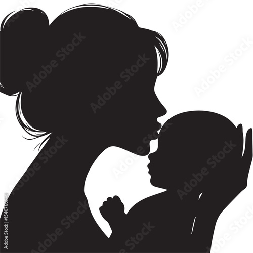 Minimalist Silhouette of a Mother Hugging Her Baby in Circle FrameA heartfelt vector showing a mother warmly hugging her child. Designed in full black silhouette with clean outlines on white backgroun