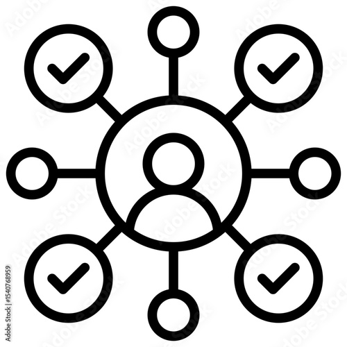 Task Network Outline Style Icon - A central figure connected to multiple checkmarks, showing completed assignments or task coordination
