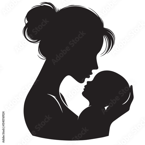 Minimalist Silhouette of a Mother Hugging Her Baby in Circle FrameA heartfelt vector showing a mother warmly hugging her child. Designed in full black silhouette with clean outlines on white backgroun