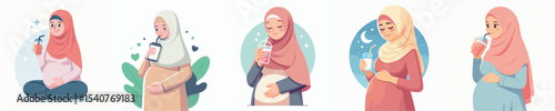 Vector of a pregnant woman drinking juice