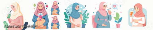 Vector of a pregnant woman drinking juice