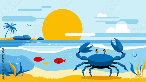 Colorful crab with blue shell and yellow eyes, is walking on sandy beach near ocean waves, surrounded by tropical plants and vibrant fish, capturing summer vacation vibes