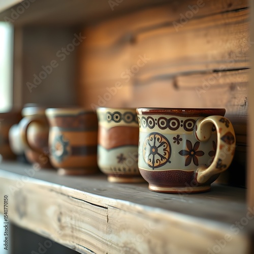 handcrafted ceramic mugs on a rustic wooden shelf
