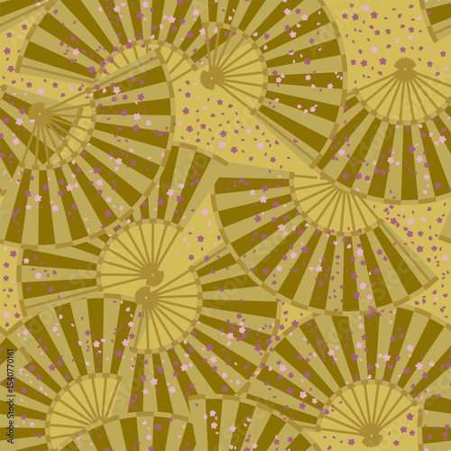 Fans on a yellow background. Seamless background for fabrics, textiles, packaging and wallpaper. Vector illustration. Vector illustration