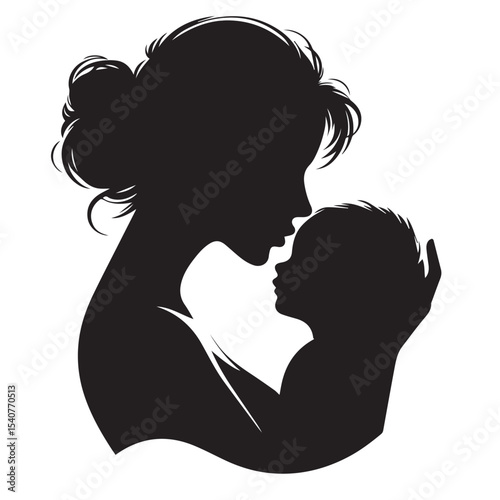 Loving Mother Kissing Baby Silhouette – Minimal Black and White VectorHigh contrast silhouette of a mother kissing her baby’s forehead, designed in a minimalist circular vector style. Perfect for mate
