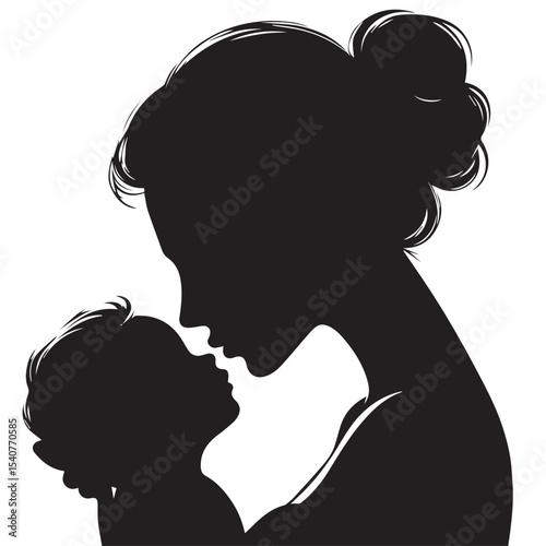 Loving Mother Kissing Baby Silhouette – Minimal Black and White VectorHigh contrast silhouette of a mother kissing her baby’s forehead, designed in a minimalist circular vector style. Perfect for mate