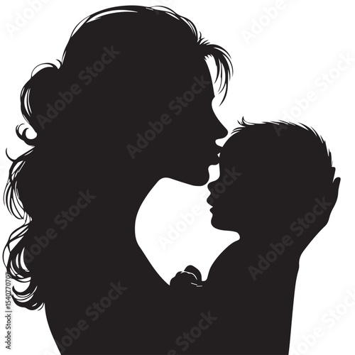 Loving Mother Kissing Baby Silhouette – Minimal Black and White VectorHigh contrast silhouette of a mother kissing her baby’s forehead, designed in a minimalist circular vector style. Perfect for mate