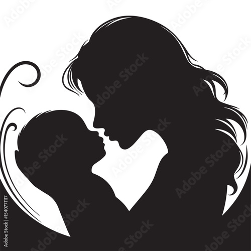 Loving Mother Kissing Baby Silhouette – Minimal Black and White VectorHigh contrast silhouette of a mother kissing her baby’s forehead, designed in a minimalist circular vector style. Perfect for mate