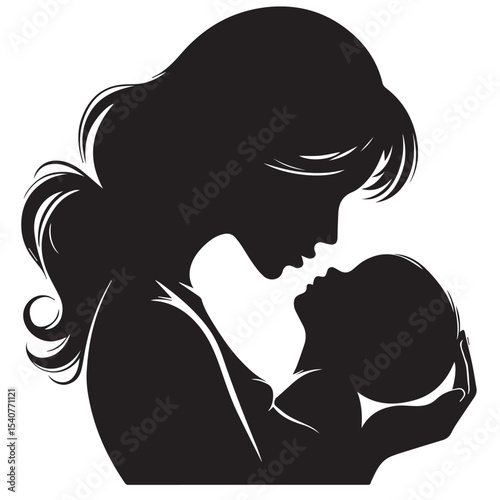 Loving Mother Kissing Baby Silhouette – Minimal Black and White VectorHigh contrast silhouette of a mother kissing her baby’s forehead, designed in a minimalist circular vector style. Perfect for mate