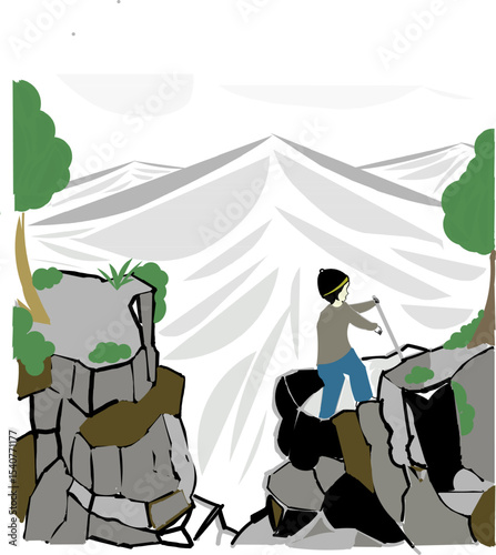 pIllustration of a person climbing a very high and steep cliff with a mountain in the background. Summer has coming