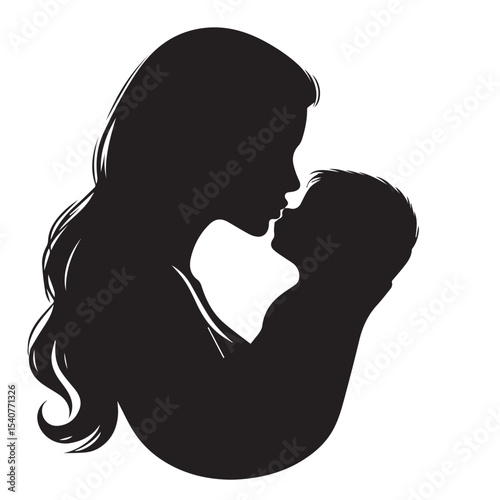 Loving Mother Kissing Baby Silhouette – Minimal Black and White VectorHigh contrast silhouette of a mother kissing her baby’s forehead, designed in a minimalist circular vector style. Perfect for mate