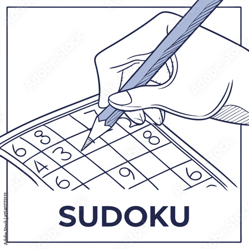 Hand Filling Sudoku Grid with Pencil Blue Line Art