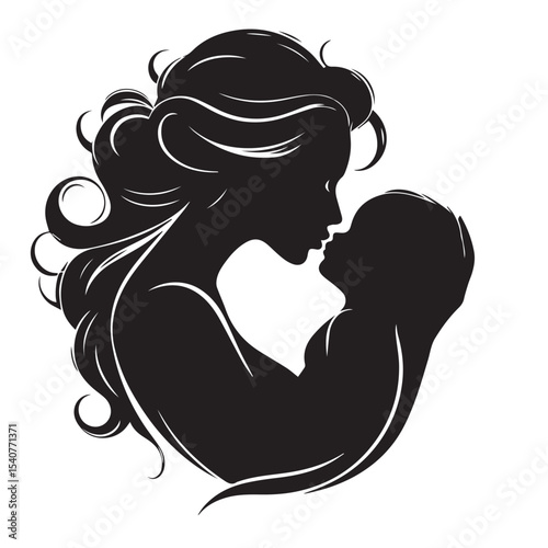 Loving Mother Kissing Baby Silhouette – Minimal Black and White VectorHigh contrast silhouette of a mother kissing her baby’s forehead, designed in a minimalist circular vector style. Perfect for mate
