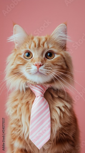 Cat dressed in pink striped tie poses against a soft pink background in a cheerful and playful setting