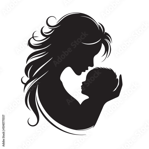 Loving Mother Kissing Baby Silhouette – Minimal Black and White VectorHigh contrast silhouette of a mother kissing her baby’s forehead, designed in a minimalist circular vector style. Perfect for mate