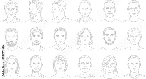 Diverse faces sketch collection vector illustration for portrait drawing and character design reference art
