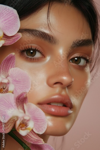 Young woman with glowing skin and orchids posing against a pink background while showcasing natural beauty
