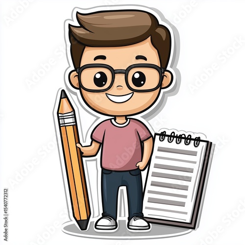 Kid holding a pencil stands beside a notepad in a cheerful school setting ready to learn or create