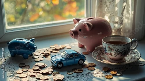 This footage captures a serene arrangement of piggy banks, coins, and a toy car. Ideal for financial themes and budgeting tutorials. A charming blend of nostalgia and practicality. Generative AI.