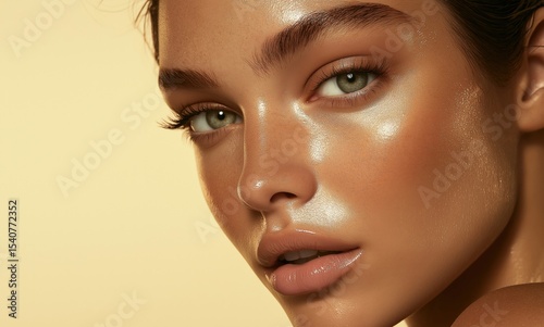 Close-up of a model with glowing skin showcasing natural beauty against a warm yellow background