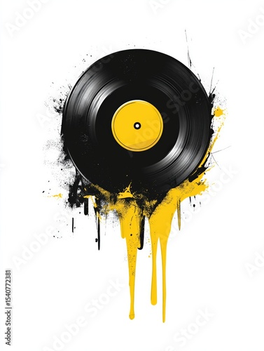 Colorful art featuring a vintage vinyl record splashed with yellow paint on a white background capturing retro music vibes