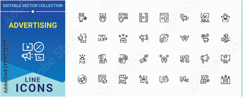 Advertising line icon set. Promotion icon. Marketing Promotion minimalist icons pack. Minimalist editable vector stroke. Editable vector art.