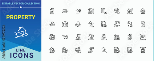 Property icon set. Featuring estate, mortgage, building, commercial, construction and more. Real Estate linear icon collection. Minimalist icons collection. Editable vector.