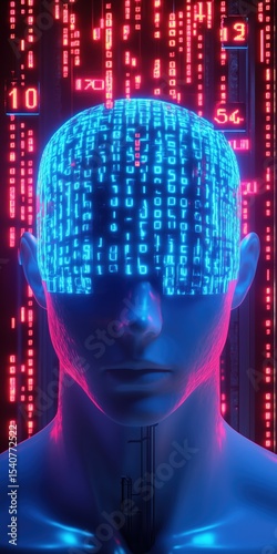 Futuristic digital representation of a human head covered in glowing binary code in a cybernetic environment