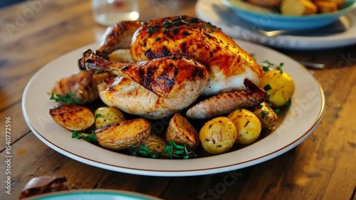 This video showcases a perfectly roasted chicken and potatoes on a rustic table. Ideal for cooking inspiration and culinary art. Perfect for food enthusiasts. Generative AI