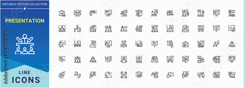 Presentation related icon set. Audience icon collection. Thin outline icons pack. Includes symbols for present, speak, brainstorm, teamwork and more. Editable vector illustration.