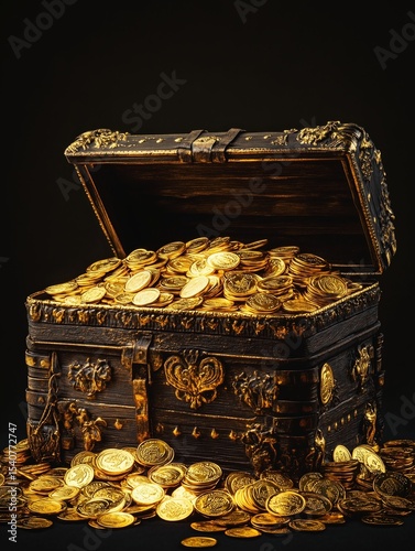 Treasure chest overflowing with gold coins, highlighting wealth and adventure in a dark setting