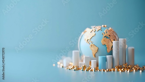 Global economics illustrated with a globe and data representation of charts and golden coins on a blue backdrop