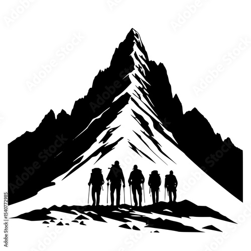 Silhouette of rocky mountain peak with hikers.