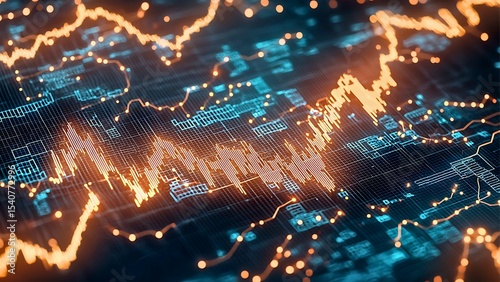 Stock market data visualized as a dynamic, glowing graph. The image features vibrant orange and blue hues, showcasing complex data patterns