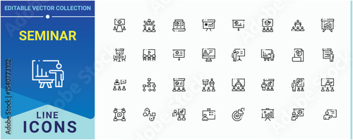 Seminar modern icon set. Containing speak, present, conference, teamwork, brainstorm, audience and more. Presentation linear icon collection. Icons for UI designs. Vector illustration.