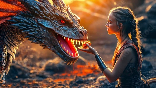 Witness the enchanting bond between a woman and a dragon in this breathtaking fantasy artwork. Perfect for storytelling and imaginative projects. Generative AI