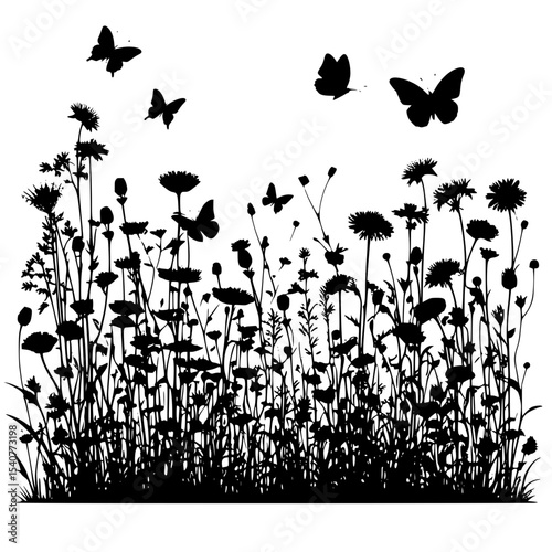 Silhouette of a meadow with wildflowers and butterflies