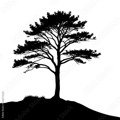 Silhouette of a lone pine tree on a hilltop at sunrise.”