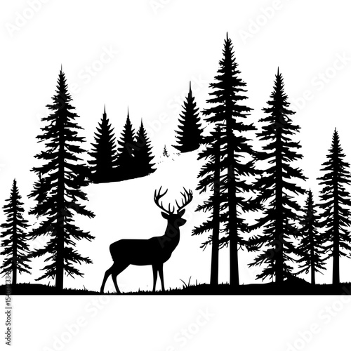 Silhouette of a forest edge with tall conifer and deer standing.